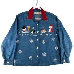 Tantrums Denim Christmas Shirt Embroidered Womens Large Snowman Reindeer Holiday